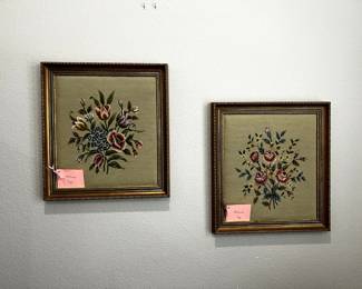 Antique framed Embroidered Floral Squares.