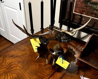 Antler and Brass pair of candlesticks. Bronze Moose Sculpture.