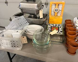 More Chafing Dishes, Pyrex, Ramekins, Small White App. Dishes, White Mixing Bowls...