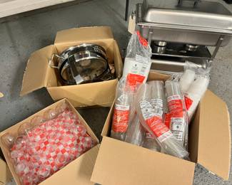 Chafing Dishes, clear plastic stemless wine glasses, disposable to-go cups...