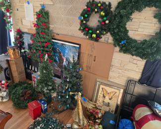 Christmas decorations, wreaths, lights, tree