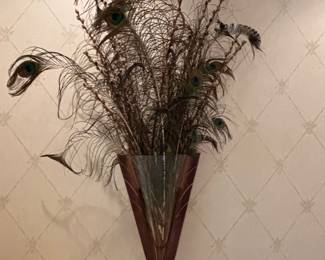 Peacock Feathers, Metal Vase