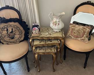 Pair of antique chairs & nesting Florentine tables
