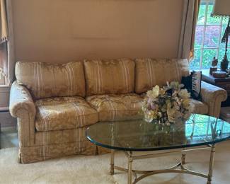 SOFA AND GLASS TOP/BRASS COFFEE TABLE