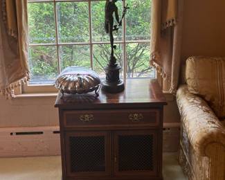 PAIR OF END TABLES AND MERCURY BRONZE STATUE/LAMP