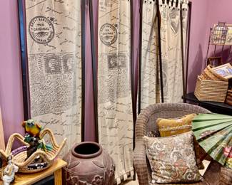 Wicker chair, room screen, decor