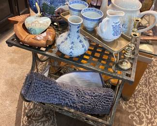 Wrought iron table, blue and white decor