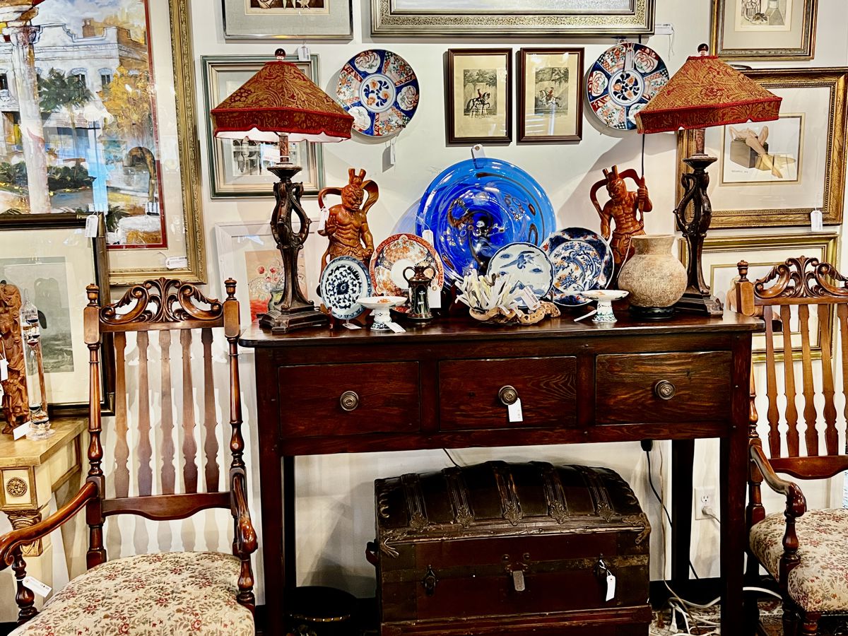 Rustic Three Drawer Buffet, Pair of Vintage Wallace Nutting Style Dining Chairs, collection of Vintage and Antique Chinese Porcelain, Pair of Carved Chinese Warriors