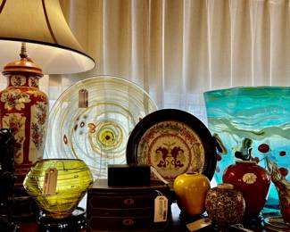 Hand Blown Art Glass by Viz, Antique Confectionary Tin Cabinet made by Johnson Brothers of Glasgow