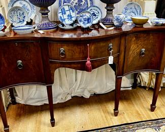 Antique Georgian Serpentine English Mahogany Server, Collection of Vintage and Antique Blue/White Chinese Porcelain