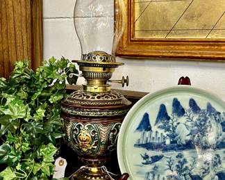 Rare Antique Majolica Gas Lamp, Vintage Asian Dish