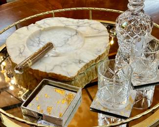 Waterford Decanter, Marble MCM Ash Tray, Faux Hide Coasters, Pair of Vintage Dewars Rocks Glasses