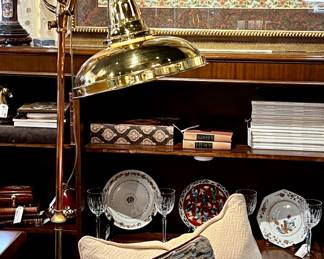 Vintage Operating Room Brass and Copper Floor Lamp, Hand Knotted Kilim Pillows