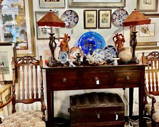 Rustic Three Drawer Buffet, Pair of Vintage Wallace Nutting Style Dining Chairs, collection of Vintage and Antique Chinese Porcelain, Pair of Carved Chinese Warriors