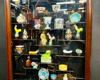 Vintage hanging curio cabinet -includes figurines, etc. 