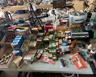 TABLE FULL OF RELOADING SUPPLIES & AMMO
