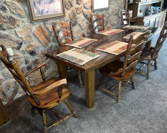 LONG, CUSTOM MADE DINING TABLE & SET OF HEAVY LADDERBACK CHAIRS
