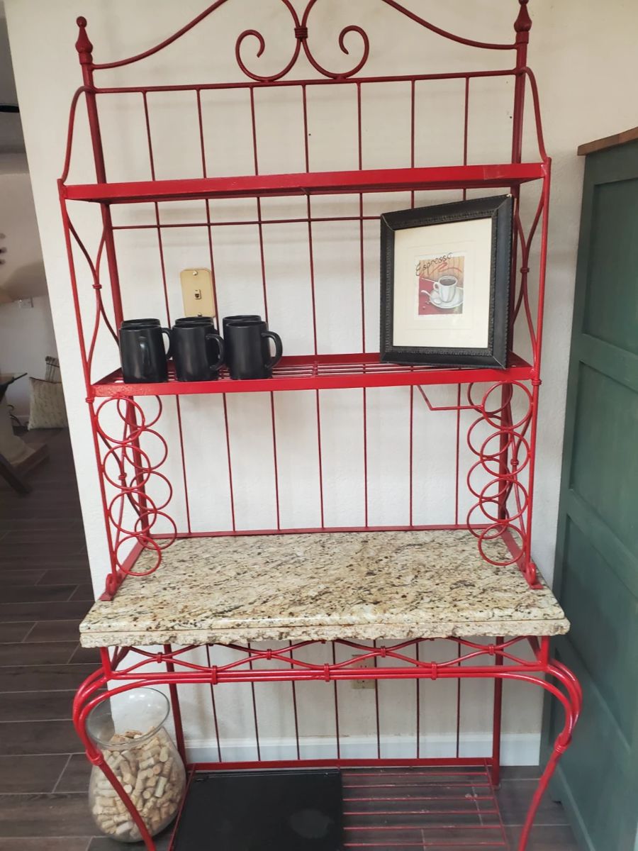 red iron bakers rack w granite