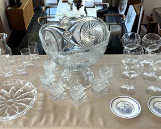 Punch bowl and beautiful glassware and china.