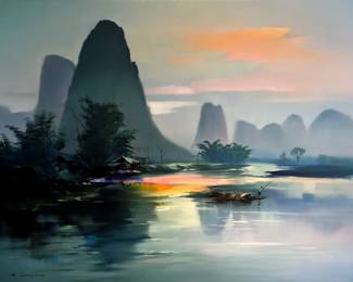BUY IT NOW! $900.00. Hong Leung "River Morning" Oil on Canvas, B: 1933, 36" x 48"-Unframed, Purchased 2001 for $7,500