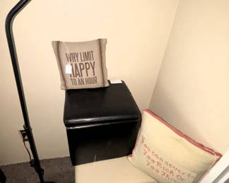 Lamp, square chests/ottomans, pillow.