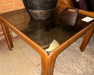 BUY IT NOW! $150.00. Glass top wood end table. 30" x 30" x 19 1/2" H. Table lamp w/shade.