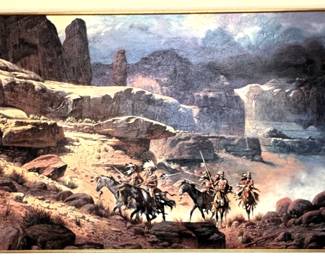 BUY IT NOW! $975.00. Maher Morcos. "Scouting the Canyon" Oil on Canvas, Born 1947, 25" x 54"-Framed 35 1/2" x 65"