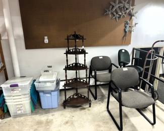 Storage tubs, chairs, shelf and dolly.