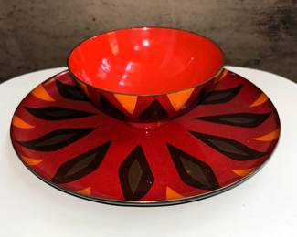 BUY IT NOW! $200.00. Vivid Vintage 1960's Miquel Pineda Handmade Copper enamel Mexican modernist geometric design plate & bowl set.