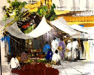 BUY IT NOW! $2,000.00. Leon Belaunzaran. Mid Century Market Scene. Graduate of Academia de San Carlos. 32" x 39"