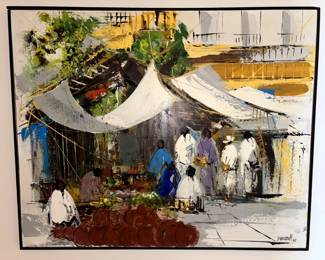 BUY IT NOW! $2,000.00. Leon Belaunzaran. Mid Century Market Scene. Graduate of Academia de San Carlos. 32" x 39"