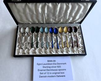 BUY IT NOW! $300.00. Egon Lauridsen Ela Denmark Sterling Silver 925, Enamel Demitasse Spoons, Set of 12 in original box, Danish Modern Flatware.