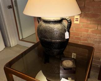 BUY IT NOW! $150.00. Glass top wood end table. 30" x 30" x 19 1/2" H. Table lamp w/shade.