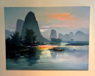 BUY IT NOW! $900.00. Hong Leung "River Morning" Oil on Canvas, B: 1933, 36" x 48"-Unframed, Purchased 2001 for $7,500