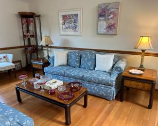 Sofa, coffee table, end tables, chair and lamps