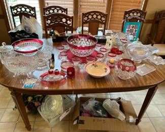 Vintage dining table and six chairs, lots of crystal