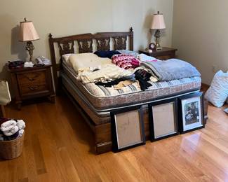 Vintage full size bed, springs, matress, matching night stands each with two drawers