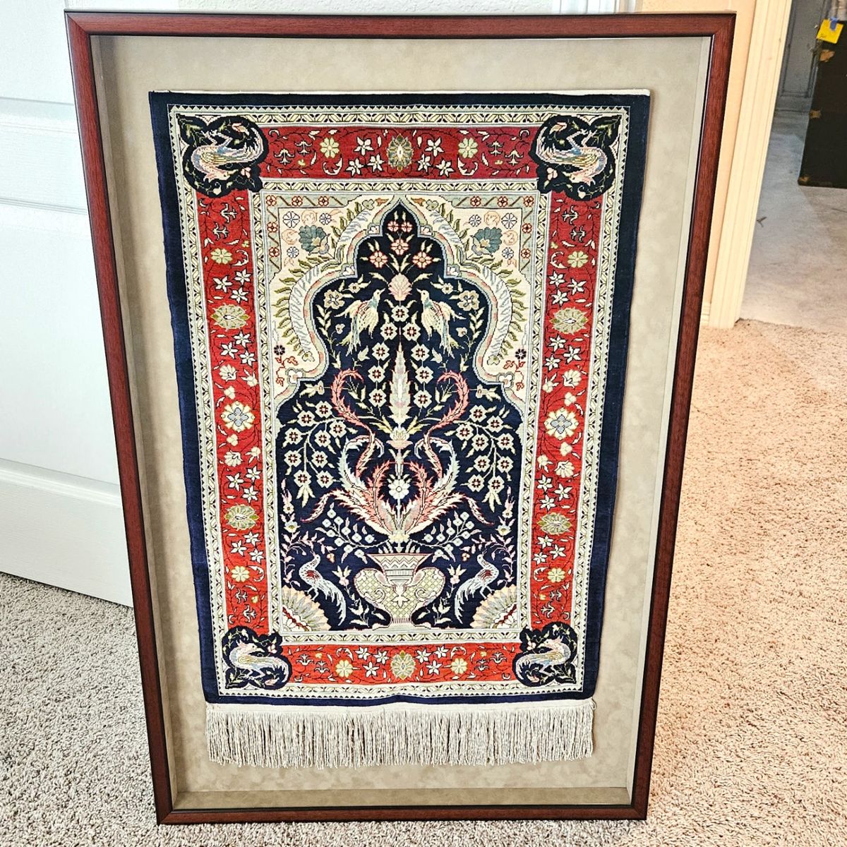 Persian Silk Small Prayer Rug – Handwoven, Floral & Bird Motif, Mihrab Design - in 26" x 40" Shadowbox