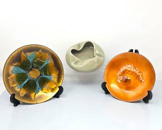 Lot #16 - Set of Two Vintage MCM Lacquered Decorative Plates (One Signed by Artist) plus a 6" Thai Celadon Wavy Ashtray