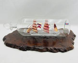 Vintage Blown Glass Clipper Ship in Bottle- Beautifully Detailed- 12" Long and Made in Brittain