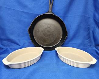 Griswold #8 Cast Iron Skillet with Two White Pampered Chef Stoneware Casserole Dishes