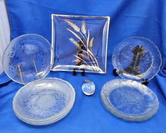 Vintage Frosted Glass Plates and Decorative Square Platter Set Includes Glass Egg Paperweight