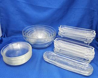 Vintage Arcoroc Nested Graduated Mixing Bowl Set France - Plus 1970's Glass Bowls & Corn Cob Dishes