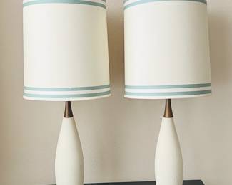 Mid-Century Modern Table Lamps with Wood and Ceramic Bases and Teal Striped Shades
