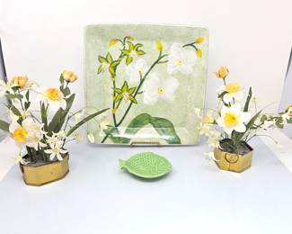 Kitchen Decor Lot: An 11.25" Square Light Green with Orchids, Plus Small Fish Trinket Dish & Vintage Floral