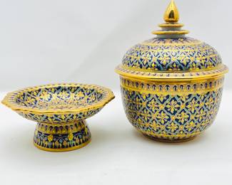 Lot #61 - Two pc. Benjarong porcelain ware features hand-painted enamel decoration with gold accents and pedestal bowl/stand