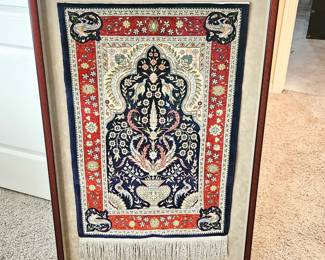 Persian Silk Small Prayer Rug – Handwoven, Floral & Bird Motif, Mihrab Design - in 26" x 40" Shadowbox
