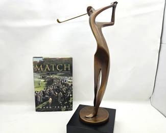 Elegant Bronze Golfer Sculpture by Artist "KimB" Paired with 'The Match' Book on Golf by Mark Frost