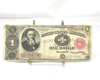 Lot #195 -1890 $1 Treasury Note “Stanton” Large Size Red Seal Star Note – Series 1890 United States Antique Currency -Circulated