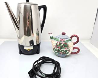 Farberware Stainless Steel Coffee Pot with Decorative Ceramic Teapot & Cup Combo